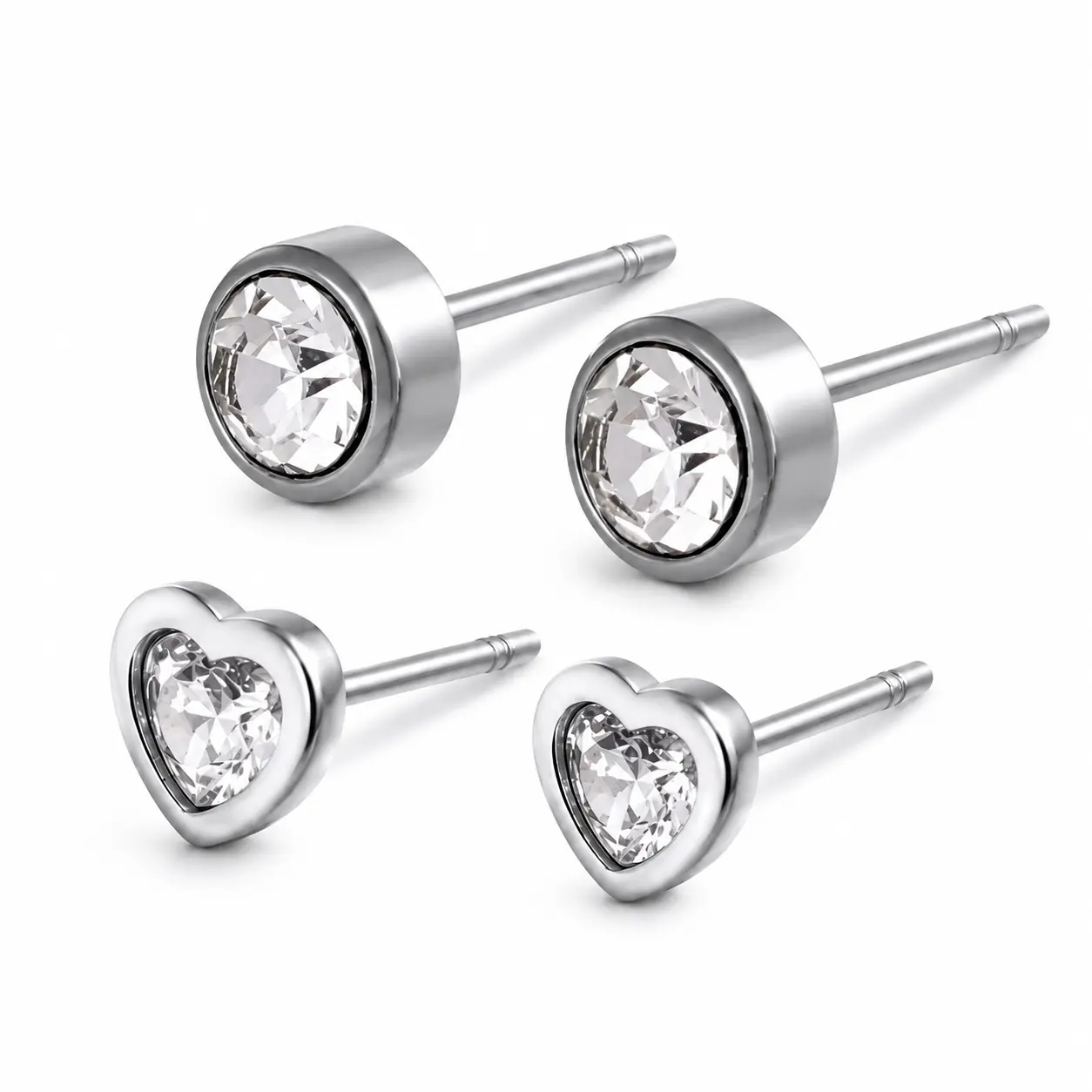 【2Pairs】Silver Round & Heart Duo