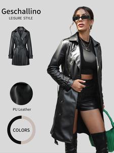 women's fall winter pu leather jacket coat, casual fitted lightweight outerwear with belt, fashionable commuter windbreaker