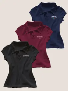 3PC New American 2000 Retro, Y2K Top Trendy, Summer Polo Neck Short, Slim Shoulder T-shirt for Women