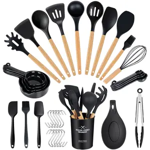 34 PCS Kitchen Utensils Set, Silicone Cooking Utensil Sets with Wooden Handle, 446°F Heat Resistant Food Grade Spatula Set, BPA Free Kitchen Gadgets Tools Set & Spoons for Nonstick Cookware