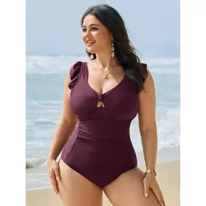 BLOOMCHIC Plus Size Nylon Blend 1-Piece Swim Swimsuit, Tunic Length, Tummy Control, Ruched, Cut-Out Ruffles, Flutter Sleeves, Skinny Stretch, Removable Pads, [M-6X] 2026 Summer Vibes Swimweek