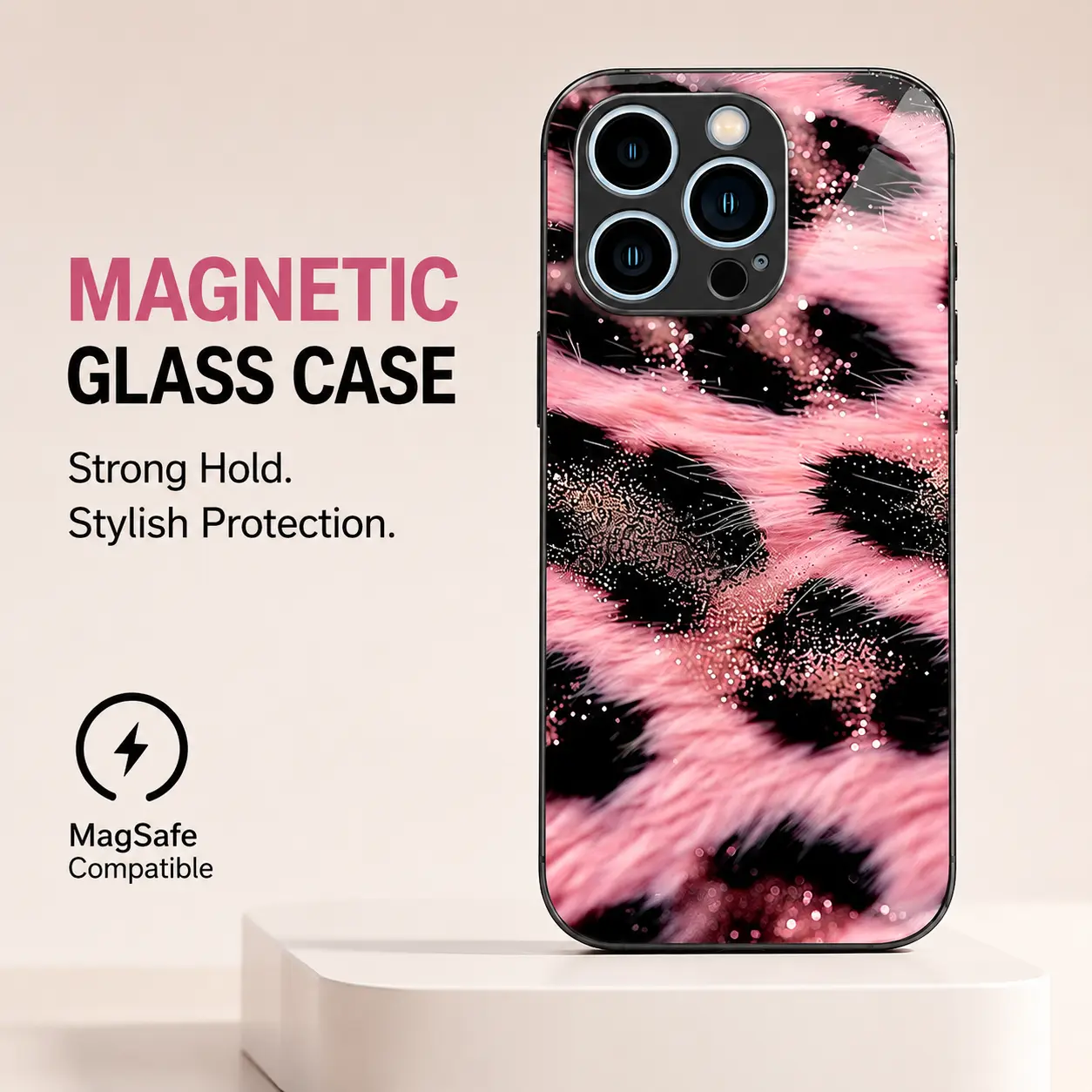 Aesthetic Y2K Pink Leopard Glitter Magnetic Case for iPhone 17 16 15 14 13 12 11 Pro Max | Samsung S26 S25 S24 S23 S22 S21 S20 | Baddie dual-layer silicone rugged cover — 975