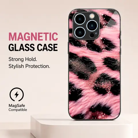 Aesthetic Y2K Pink Leopard Glitter Magnetic Case for iPhone 17 16 15 14 13 12 11 Pro Max | Samsung S26 S25 S24 S23 S22 S21 S20 | Baddie dual-layer silicone rugged cover — 985
