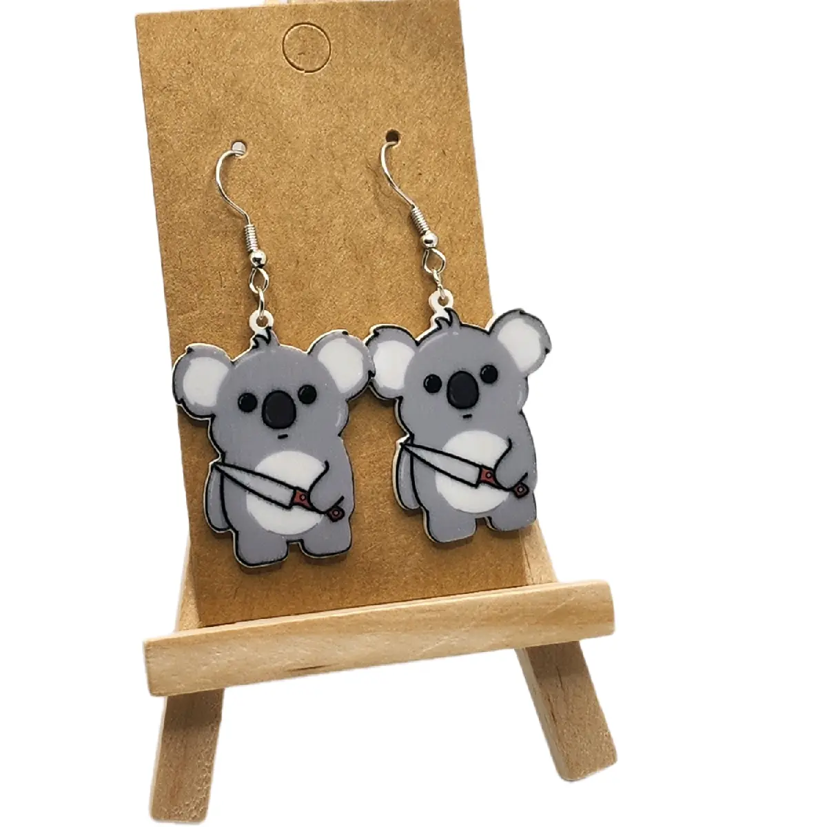 Women's Playful Charm Small Naughty Koala Bear Plastic Hook Earrings - Female Fashion Costume Jewelry, Novelty Animal Shape Design, Party Accessory, Note: Choking Hazard Is a Small Ball