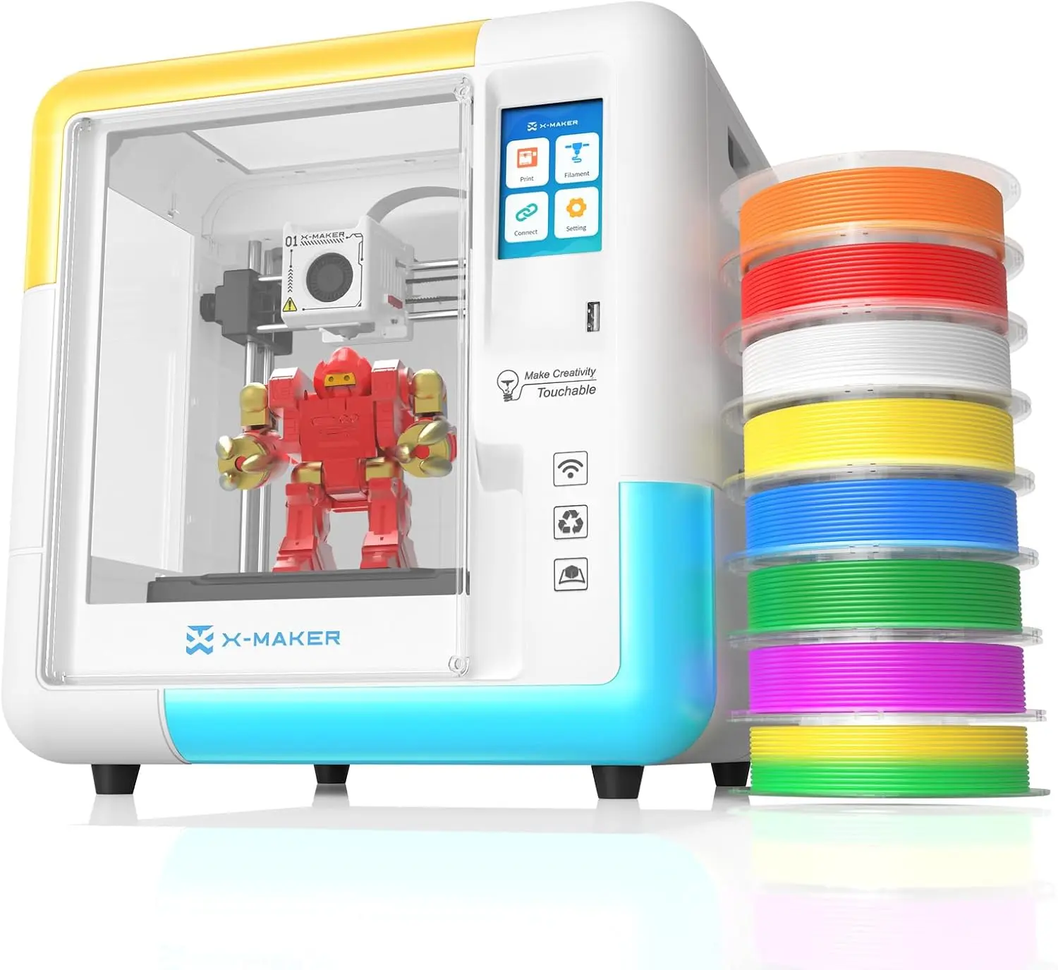 AOSEED X-MAKER AI+ Enclosed 3D Printer for Beginners - Fully Assembled, AI-Powered Design App, Wi-Fi, 3.5-Inch Touchscreen, Leveling-Free Setup, Includes 4 PLA Filaments, 1-Tap Print for Creative Learning at Home