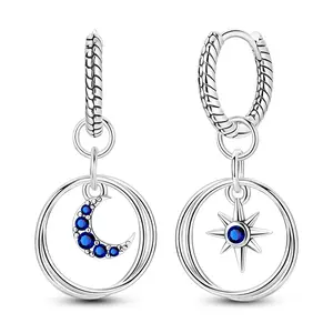 MULA star and moon halo snake bone earrings, 925 Silver-plated inlaid blue zircon, fashionable and personalized earrings, suitable for Valentine's Day, Christmas, birthday and daily wear