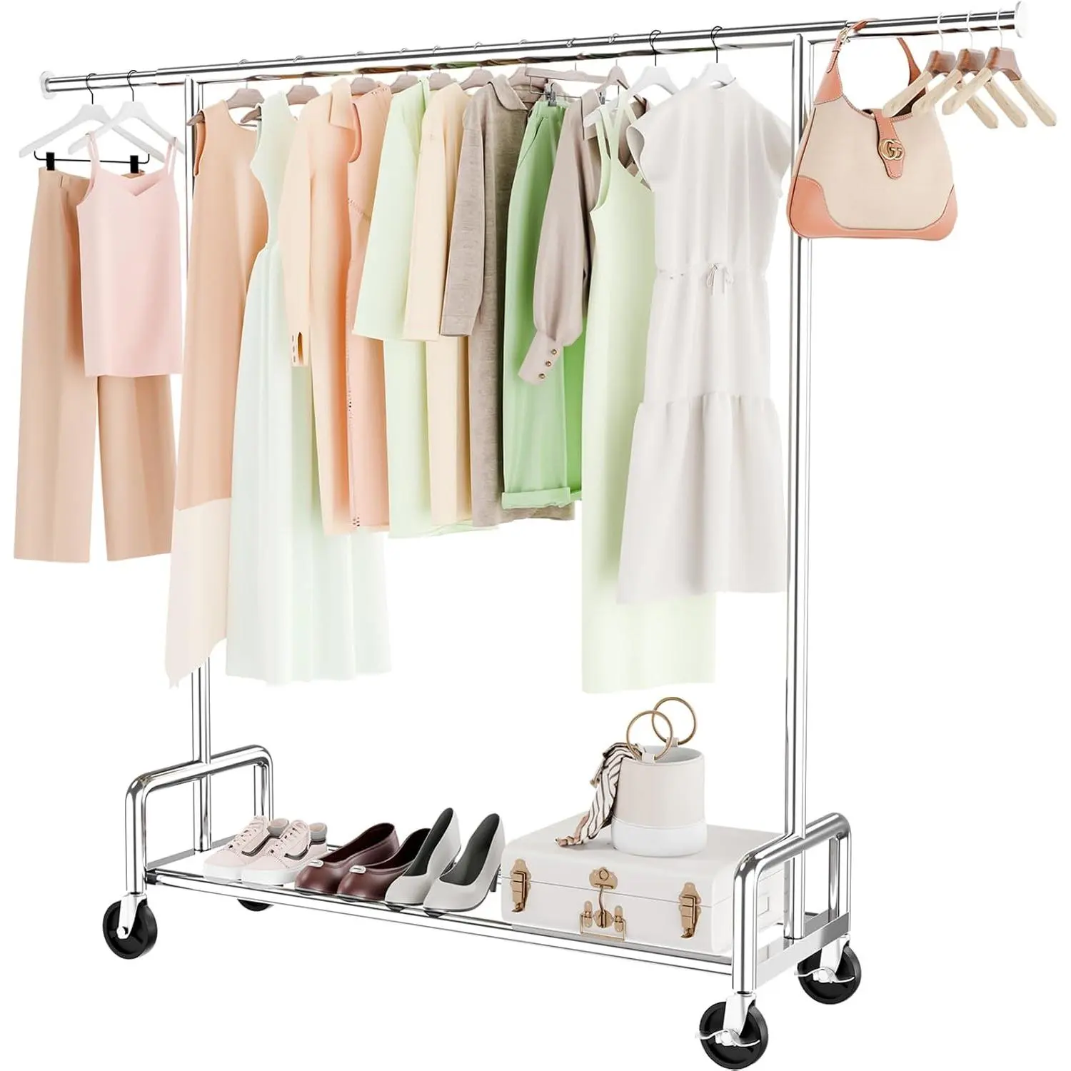 Thick Industrial Metal Rolling Laundry Drying Rack with Wheels, Shelf & 500 LBS Load Capacity, Chrome Home Supplies Laundry Accessories Hanging Garment Organizer