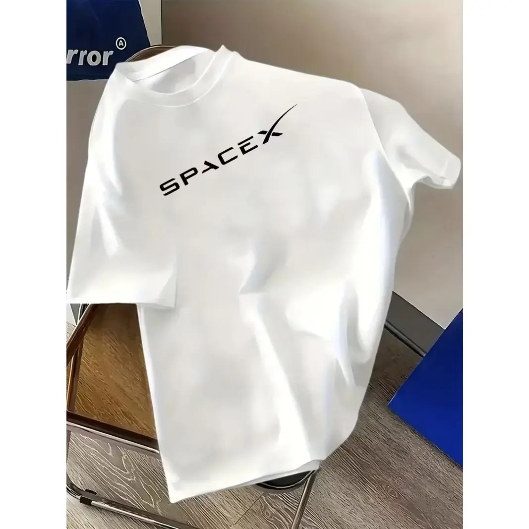 Women's SpaceX Logo Classic White Short-Sleeve Cotton T-Shirt - Crew Neck, Breathable Fabric, Loose Fit, Layer-Friendly, Unisex Fashion Pick - Ideal Gift for Space Enthusiasts, Everyday Wear, Shortsleeve, Round Neck, Simple