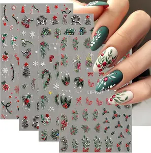 4 Sheets Christmas Nail Art Stickers 5D Embossed Holly Leaf Nail Decals Winter Christmas Tree Elk Snowflake Design Self Adhesive Nail Art Supplies for Women Acrylic DIY Holiday Manicure Decoration