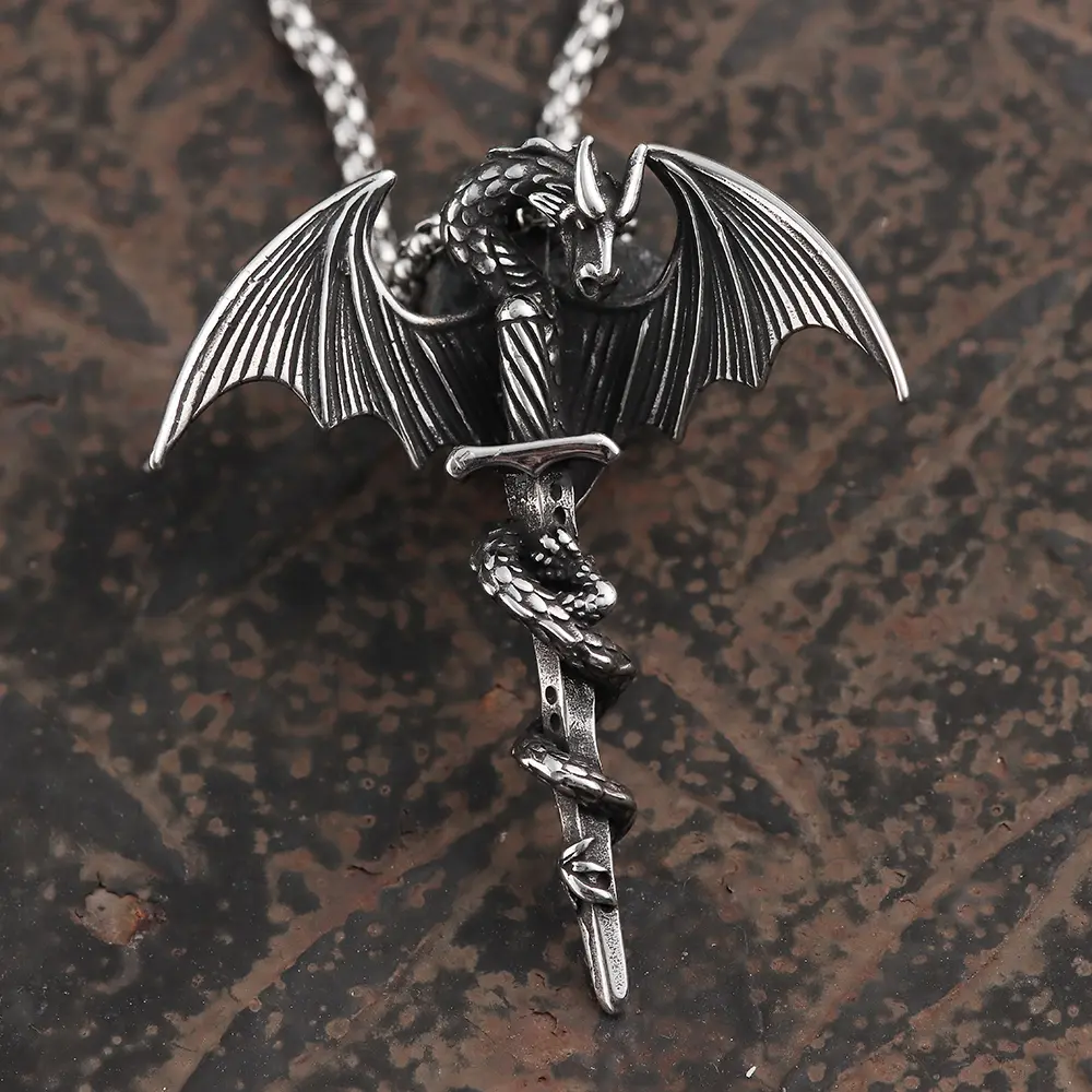 GTHIC Eco-Friendly Stainless Steel Nordic Viking Dragon Sword Pendant Necklace for Men, Gothic Everyday Wear Jewelry with Chain