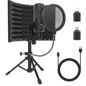 Studio Recording Microphone Isolation Shield with Pop Filter and Metal Tripod Stand, Studio Mic to PC Laptop Smartphone, Music Microphone for Recording Singing Podcasting