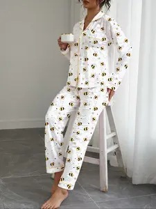 Women's Cute Floral Bee Pajama Set, Long Sleeve Lapel Cardigan & Elastic Pants, Casual All-Season Sleepwear Loungewear, 2 Piece