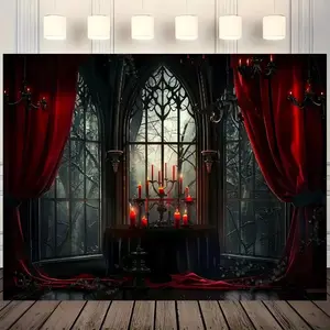 Gothic Castle Window Pattern Backdrop, 1 Count Candlelight Banner, Birthday Party Decoration, Home Decoration, Indoor & Outdoor Decoration, Ornaments