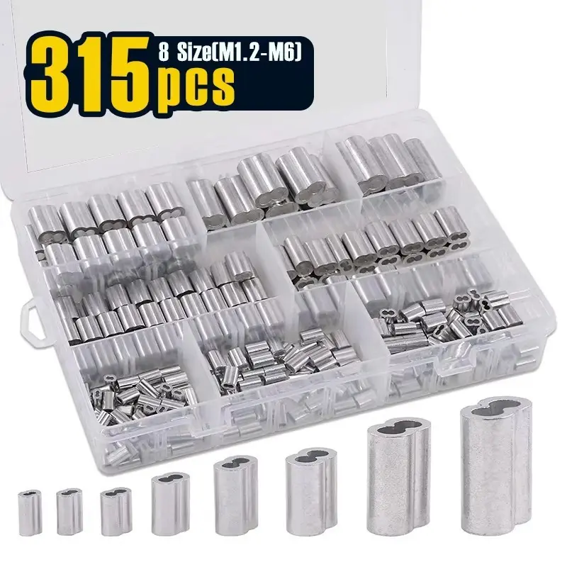 315-Pcs 8 Sizes(M1.2-M6) Aluminum Crimping Loop Sleeve Double Barrel Ferrule for Wire Rope and Cable Line End Assortment Kit