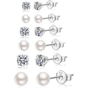Silver Stud Earrings for Women Hypoallergenic 925 Sterling Silver Pearl Earrings Cubic Zirconia Ball Stud Earrings Set Dainty Earring Sets for Multiple Piercing