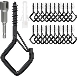 20 Pack Screw Hooks with Safety Clip, Heavy Duty Ceiling Hooks for Hanging Outdoor Lights, Plants, Wind Chimes (Black)