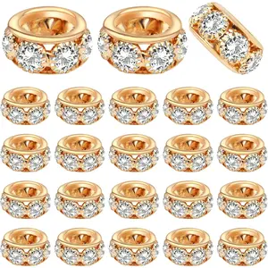 40pcs 12mm Rhinestone European Spacer Beads Diamond Crystal Charm Beads Rondelle Loose Beads with 8mm Large Hole for DIY Bracelet Crafts Jewelry Making, KC Golden