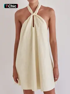 Women's Solid Color Halter Neck Dress, Casual Sleeveless Dress for Summer, Ladies Clothes for Beach Holiday Vacation