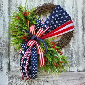 18-Inch Patriotic July 4th Wreath, American Flag Grapevine Wreath with Blue Bow, Ideal for Independence Day Decorations, Front Porch Decor, Party Decor