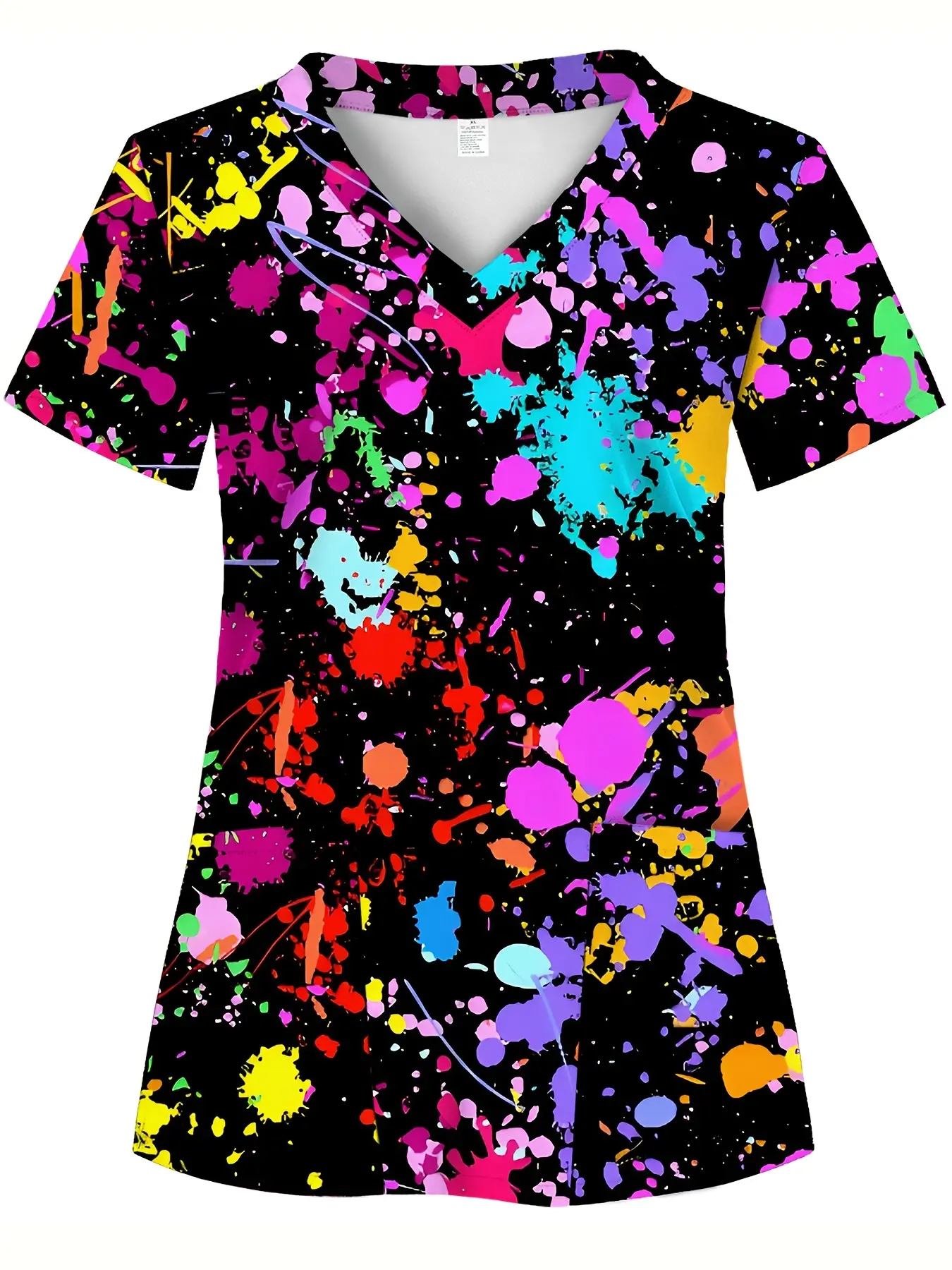 Full-body Print, Colorful Splatter Pattern, Two Pockets, Women's Uniform Top, Doctor Scrub Top, Nurse Workwear, Female Nursing Professional Attire, Dental Beauty Salon, Healthcare Uniform Top, Short-sleeve Nurse Shirt