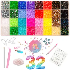 Gem DIY Kit -32Colors Color Jelly Rhinestone Bedazzling Kit 40000+ 3mm Shiny Resin Rhinestones with Tweezers & Dual-Ended Pick Up Pen Tool | Free 50 Half Round Pearls, 5 Blue Rhombus Rhinestones, Star Nail Stickers, Hair clip for Crafts & Nails