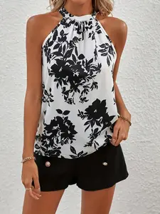 Women's Floral Print Tie Back Tank Top, Casual Sleeveless Halter Neck Top for Summer, Ladies Clothes for Beach Holiday Vacation