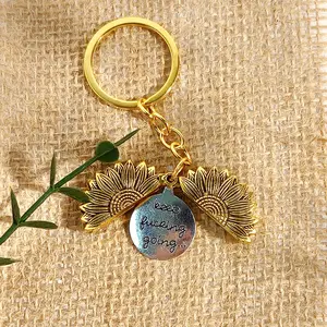 Retro Sunflower Pendant Keychain,  Key Ring With Slogan Engraved Pendant, Ideal Metal Keychain Gift For Men & Women,Sunflower Keychain Inspirational Gifts trendy keychain