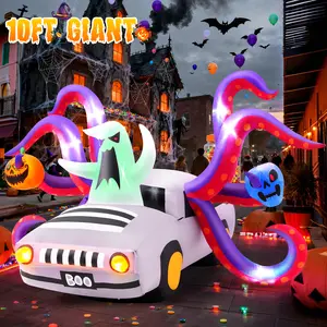 Whubefy 10ft Long Halloween Inflatable Octopus Car Decoration - Spooky & Scary Elements (Pumpkin, Ghost, Tentacle, Skeleton, Car) for Festive Atmosphere, Built-in LED Lights, Holiday Party Decor for Backyard/Lawn/Garden/Indoor