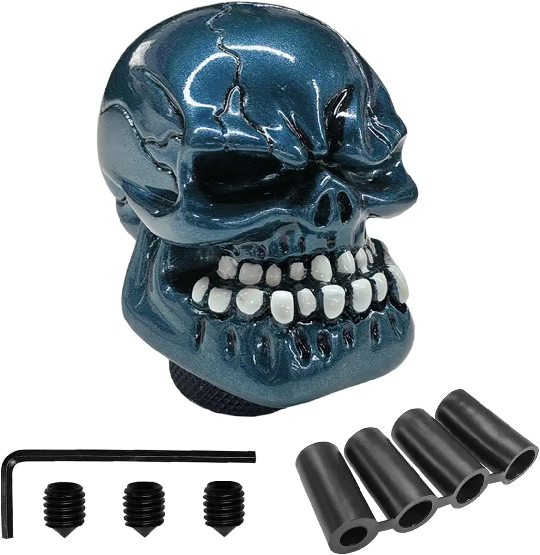 Skull Car Gear Shift Knob, Resin Big Tooth Skull Transmissions Shifting Lever Handle with Adapters, Vehicle Stick Shifter Decoration Accessories for Most Manual Automatic Cars (Blue)