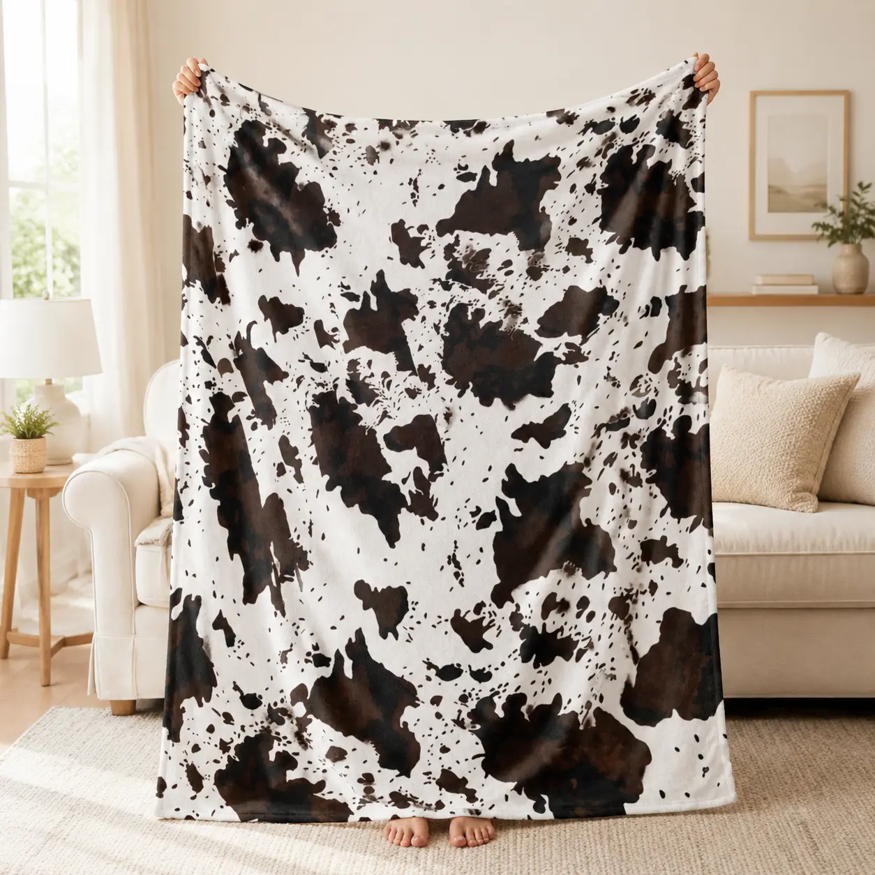 Cowhide Print Flannel Throw Blanket - White Base with Brown-Black Design, Soft Flannel Fabric, Washable for Western Farmhouse Living Room Room Decor with Rustic Charm (Gift Option), House Decor