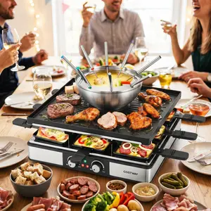 COSTWAY Electric BBQ Grill with Fondue Pot Set, Raclette Table Grill for 8 People, Dual Adjustable Thermostats, Double-Sided Grill Plate, 26 Accessories, Perfect for Parties Family Fun