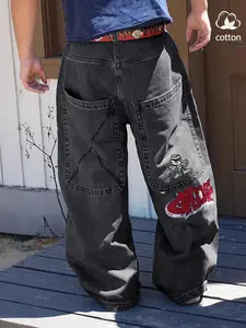 Y2K Unisex High-Waisted Loose Fit Jeans, Street Style Embroidered Design, Casual & Formal Wear, Trendy Wide Leg Denim Jeans