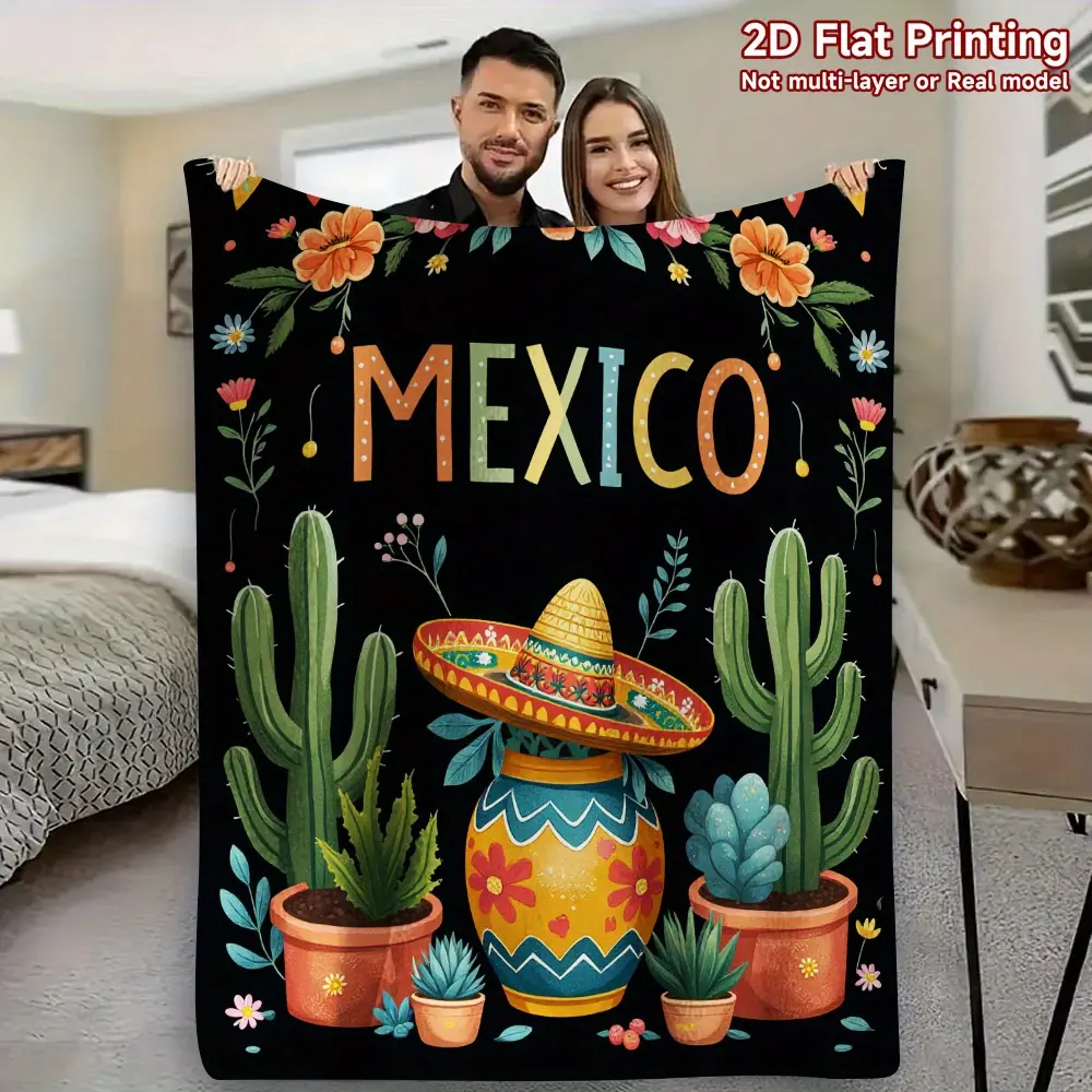 Mexico Cactus Flower Throw Blanket, 2D Digital Printed Flannel Fleece Blanket, Vibrant Mexican Style Home Decor Blanket, Soft Cozy All-Season Blanket for Sofa Bed Couch Travel, Colorful Cultural Design Gift for Family & Friends