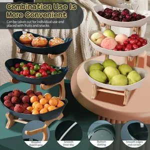 3-Tier Oval Fruit Basket with Bamboo Stand - Durable Polypropylene Kitchen Storage Rack, Natural Bamboo Finish, Refrigerator Ice Tray Replacement, Modern Elegant Design for Showers, Fruit Basket for Kitchen, Party Serving Tray, Stylish Storage Solution