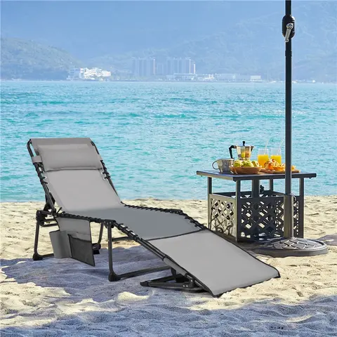 Costoffs Iron Armless Portable Tanning Chair for Adults - 5-Position Reclining Tanning Chaise, 600D Texteline Sun-Resistant, Arm Slots, Face Hole, Storage, Pre-Assembled, 265lb Capacity, Fold to 5.5", Flat Position, Poolside Sunbathing Chaise Lounge