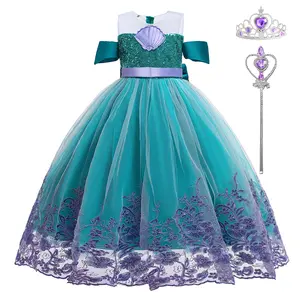 2-10Y Lilac with Crown Magic Wand 003 Mermaid Cartoon Cosplay Costume Fancy Carnival Bow Embroidered Sequin Kids Clothes Performance Princess Theme Party Holiday Girls Long Ball Gown Children Cocktail Dress