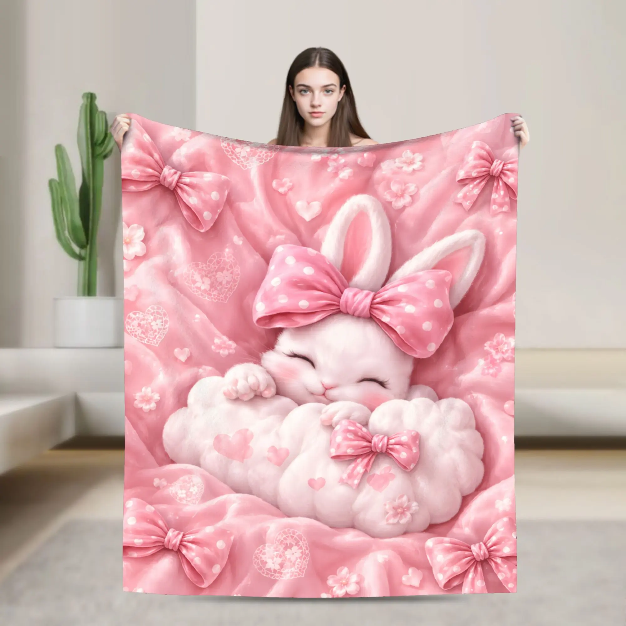 Kawaii Glam White Rabbit Motif Pink Bow Flannel Throw Blanket - Ultra Soft Cotton Fabric, Room Decor, Home & Travel Use, Indoor Bedding Accessory, All-Season Gift for Bunny Lovers