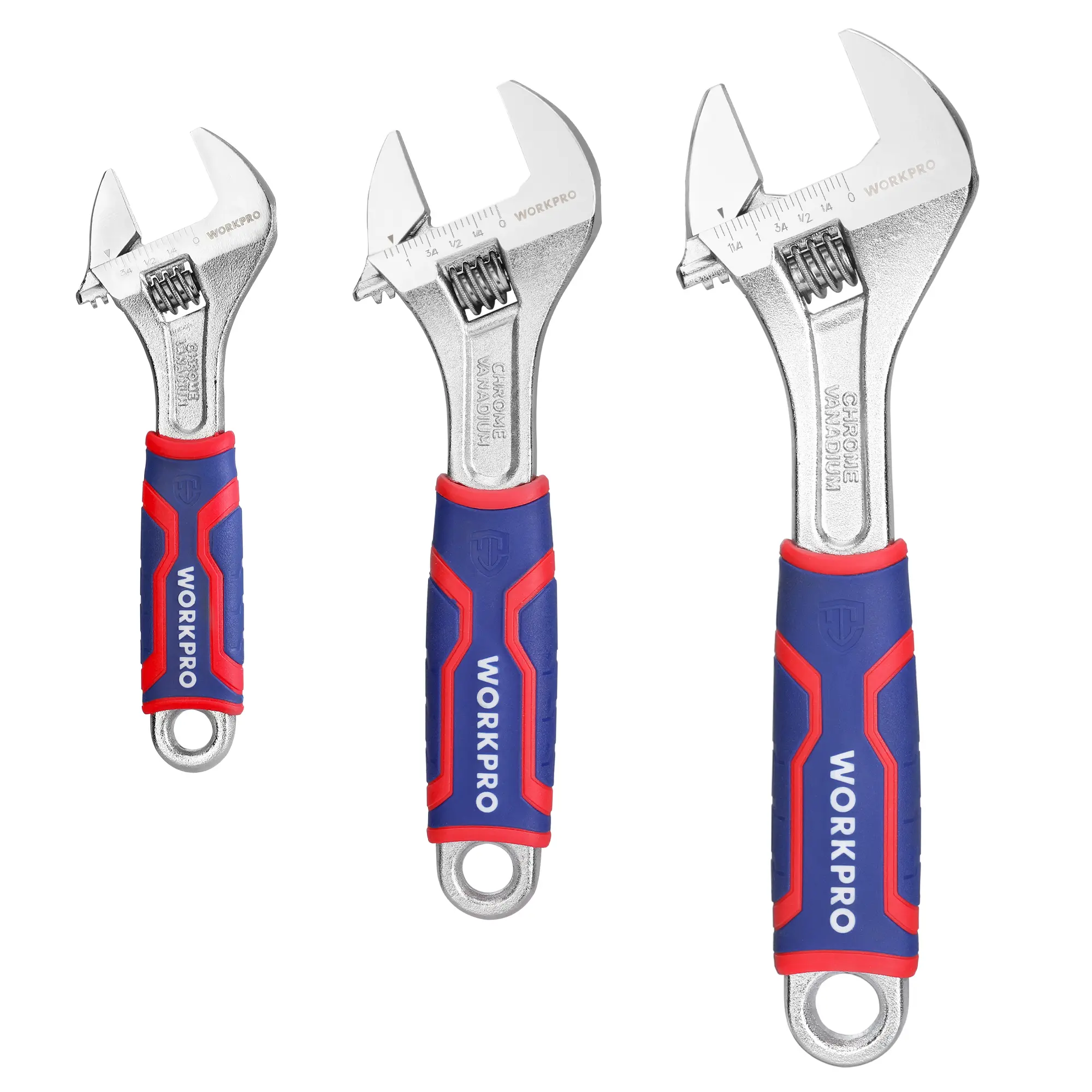 #fathersdaygift WORKPRO 3-pack Adjustable Wrench Set, Cr-V Wide Jaw Wrench With Rubber Anti-Slip Grip, 6-inch, 8-inch, 10-inch with Metric/SAE Scales, Chrome Plated