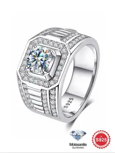 S925 Sterling Silver Men's Elegant Synthetic Moissanite Ring, Cuban Moissanite Ring, Exquisite Trendy Ring, Statement Ring, Fashionable Jewelry Accessories for Men As Engagement Wedding Ring