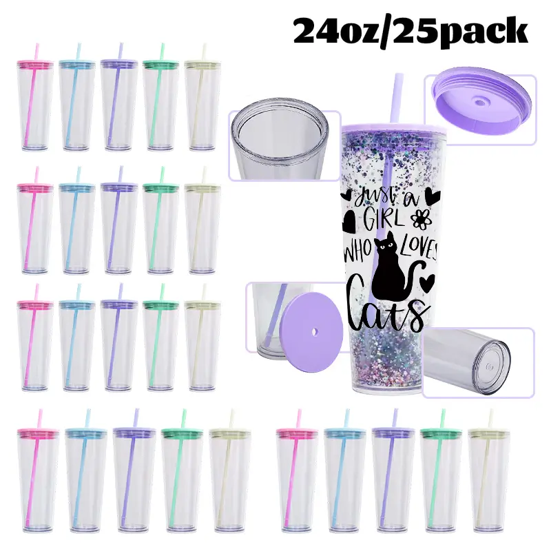 25Pack 24oz Double-Wall Acrylic Snow Globe Tumbler, Bulk Cup for Glitter Snow Globe DIY, Colorful Lid, Straws, Pre-Drilled, US Warehouse Shipping,for School Use