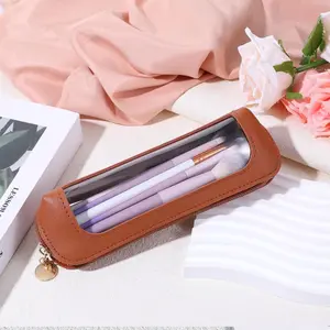 Small Clear Makeup Pouch, PU Leather Makeup Brush Bag Portable Travel Mini Cosmetic Bag Transparent Waterproof Organizer Pouch  (Brown)