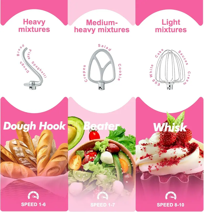 Dough hook, flat beater and whisk for different mixing tasks
