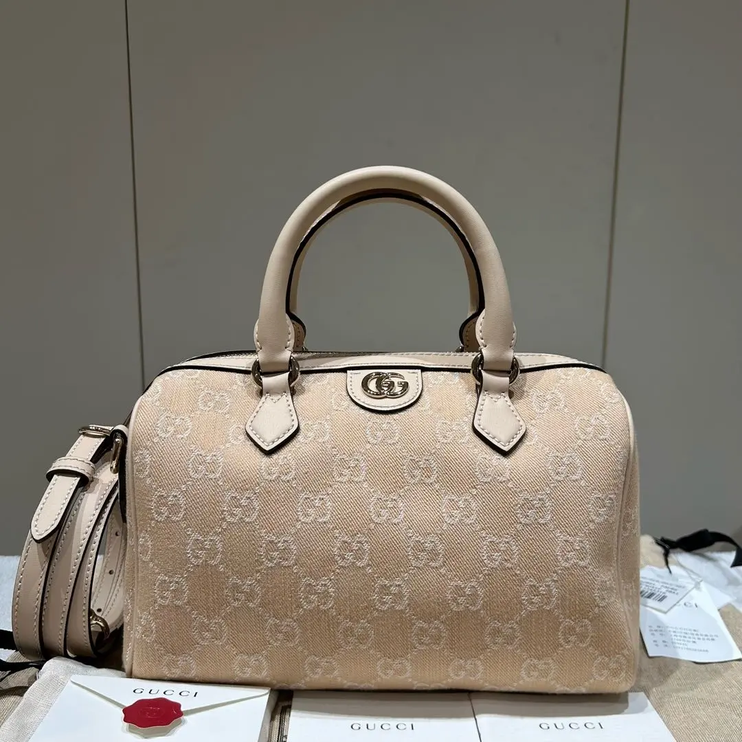 Pre-owned GUCCI leather Shoulder Bags Ophidia Small Boston Bag in Light Beige Monogram Denim (Handheld/Crossbody) 85221181