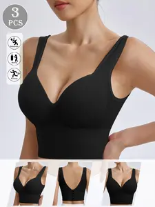 Women's Seamless Workout Ribbed High-Strength Sports Bra Set, Seamless Activewear, Fixed Cup Design, No Removable Pads, Ideal for Exercise & Yoga, 3 Pieces