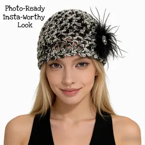 【LUCE&LOOM】Handmade Crochet Beanie with Feather Rhinestone Accent - Black White | Grey Pink Yarn Blend