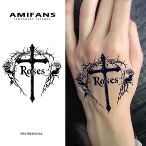 AMIFANS Temporary Tattoo Gothic Cross & Roses, Semi Permanent Tattoo,Lasting 1-2 Weeks Tattoo, Long Lasting Tattoo, Juice Tattoo, Realistic Tattoo, Romantic Tattoo, Fake Tattoo, Waterproof, Authentic Tattoo Look, Niche Design Tattoo, Fruit Tattoo,