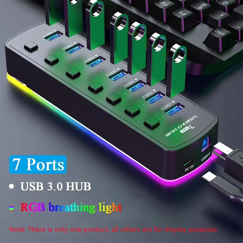 RGB USB 3.0 HUB 7-Port Data Adapter, 5gbps Independent Switch Splitter, Gaming PC USB Extender, Laptop/PC Accessories, LED USB Ports