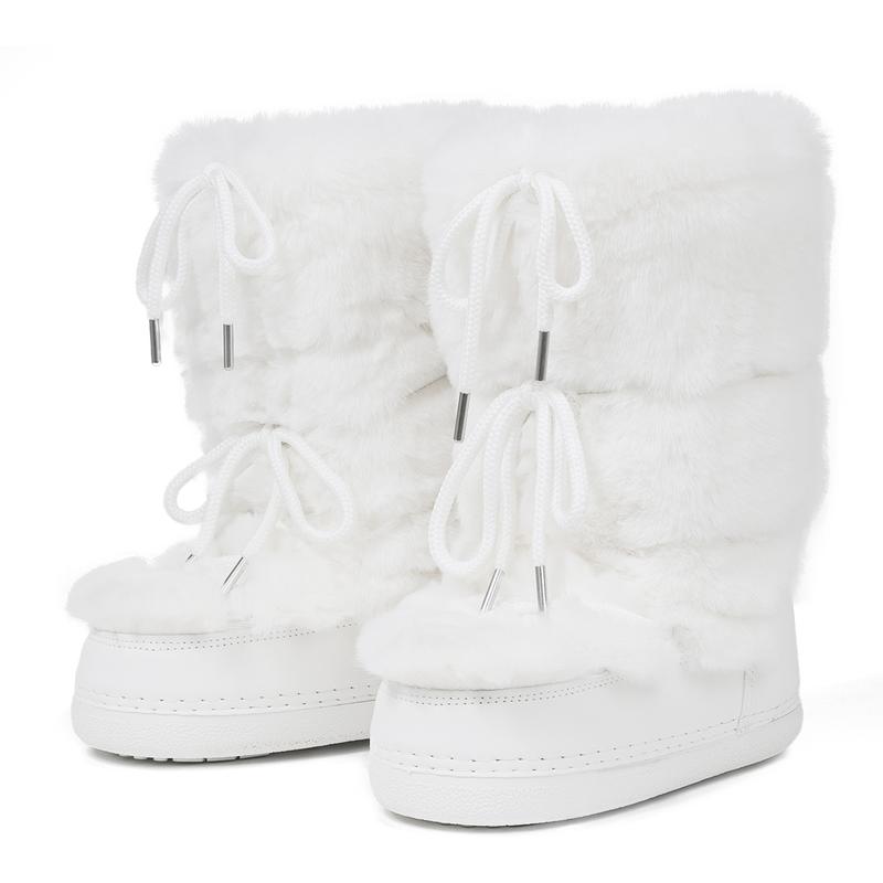 Faux Fur Snow Mid Calf Boots for Women Round Toe Wedge Heel Lace Up Fur Lined Fuzzy Fluffy Furry Warm Fashon Party Dress Valentine Shoes Trendy Boots gift for her