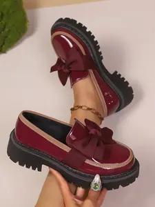 Bow Decorated Thick Sole Shiny Leather Women's Shoes, Japanese Jk Loafers, Versatile Commuter Fashion Height Increasing Platform Uniform Shoes