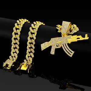 Gold Tone Iced Gun-Shaped Pendant Cuban Link Chain, Men's Hip Hop Statement Chains Necklace